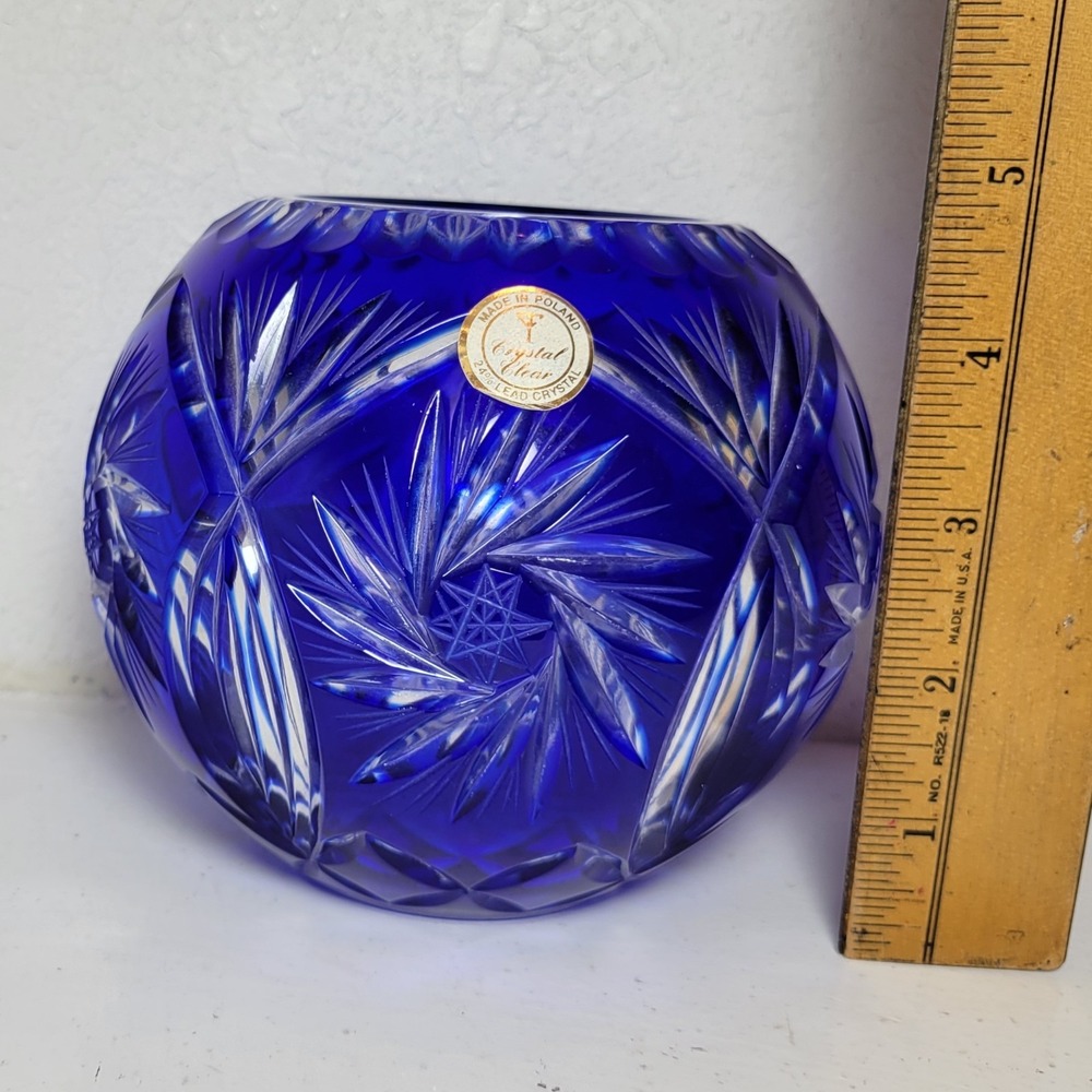 Cobalt Blue Cut-to-Clear Crystal Rose Bowl Made In Poland Vintage - Picture 5 of 6
